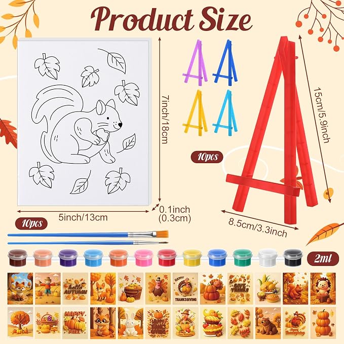Blosssound 24 Pack Fall Pre Drawn Canvas Painting Kit 5 x 7 Inch Pre Printed Canvas to Paint with Easel, Paint Pots Brushes Stretched Panels Bulk for Adult Autumn Thanksgiving Sip Party Student DIY