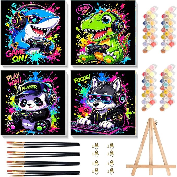 Arttoplus 4 Pack Paint by Numbers Kit for Kids with Frame Animals, 8x8in | Cute Animals Playing Video Games Kids Paint by Numbers Ages 4-8-12 with Wooden Easel, Painting by number for Gift Home Decor