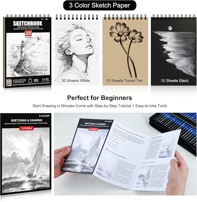 KALOUR 113PCS Drawing Set, Professional Sketching Kit with 3-Color Sketchbook,Graphite & Charcoal Pencils, Wooden Mannequin, Art Tools in Zipper Case, Art Supplies for Beginners & Artists Gift
