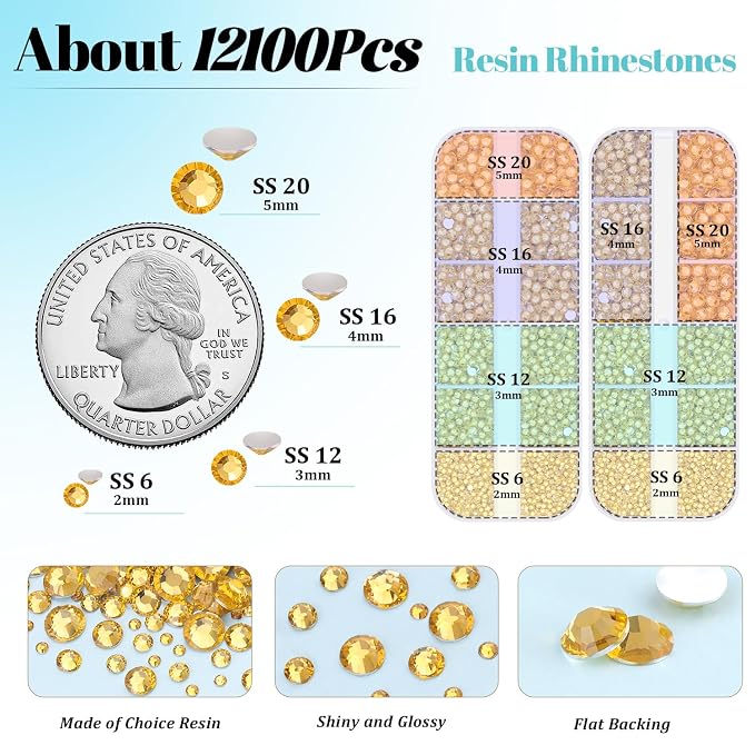 12100Pcs Resin Rhinestones for Crafting with 3Pcs 10ml B7000 Jewelry Glue, 2 Boxes Flatback Crystals Diamond (Golden Yellow) for Bedazzling Crafts DIY Nail Art, Gems for Clothing Shoes
