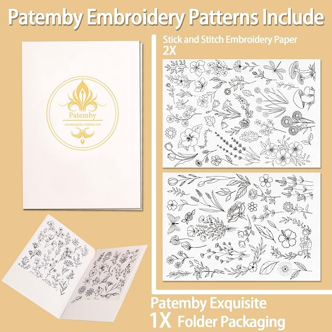 Patemby Embroidery Pattern Water Soluble Embroidery Stabilizers, Stick and Stitch Embroidery Paper Wash Away with Pre-Printed Pattern Designs Stencils Transfers for Hand Sewing Lover Beginner