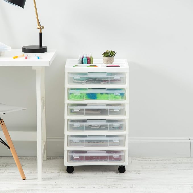 IRIS USA Rolling Cart with Drawers |Made in USA| 6-Tier Cases - White/Clear