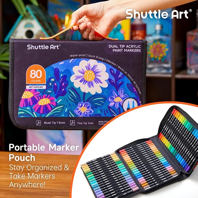 Shuttle Art 80 Colors Dual Tip Acrylic Paint Markers, Brush Tip and Fine Tip Acrylic Paint Pens for Rock, Ceramic, Wood, Canvas, Plastic, Glass, Stone, Calligraphy, Card Making, DIY Football Crafts