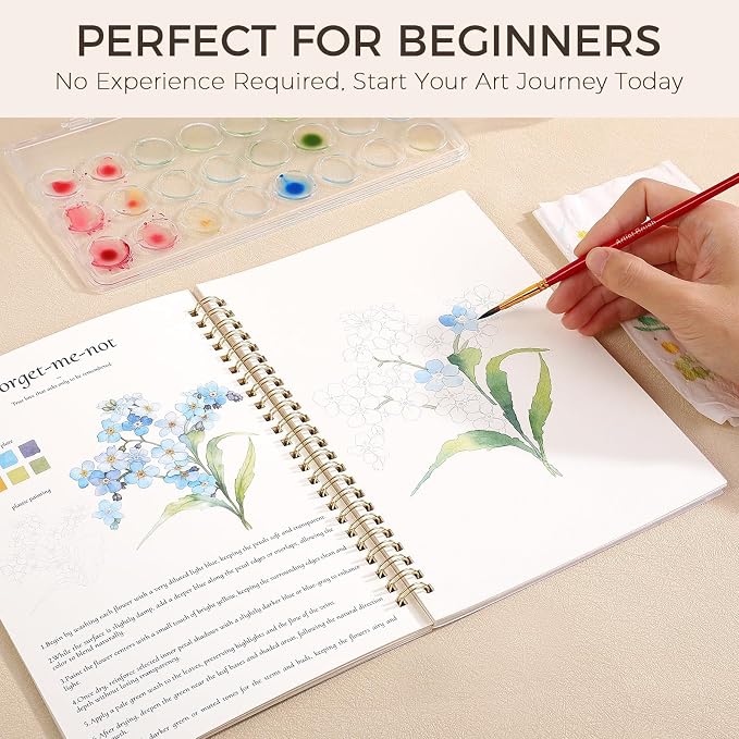SKYDUE Watercolor Workbook for Beginners with 24 Paint Colors | 15 Floral & Botanical Painting, Step-by-Step Watercolor Book for Adults & Teen, Thick Watercolor Paper, Easy Relaxing Art Kit