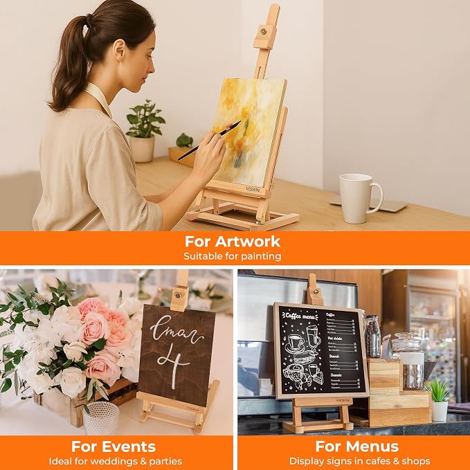 VISWIN 25" H-Frame Tabletop Easel for Painting, Adjustable Beech Wood Table Top Easel, Portable Art Easel for Adults, Artists, Beginners, Holds Canvas up to 15" – Natural (Pack of 2)
