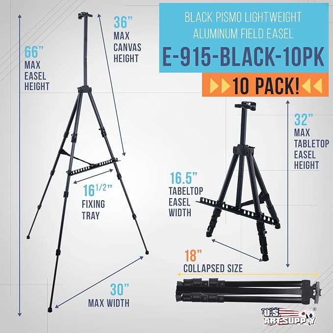U.S. Art Supply 66" Black Metal Tripod Easel Display (10 Pack) | Adjustable from 20"to 5.5', Holds 32" Canvas - Floor/Tabletop Easel Stand, For Sign Display, Painting, Poster Board, Canvas