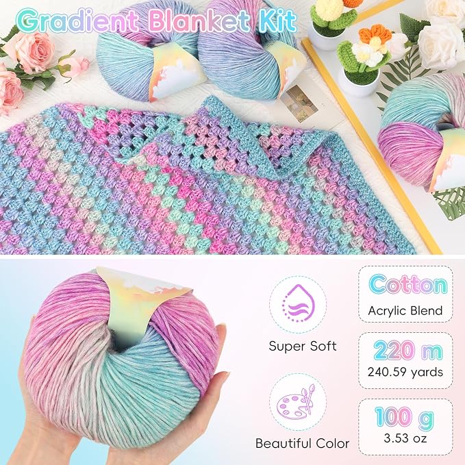 Aeelike Crochet Blanket Kit for Beginner, Easy Crochet Kit, Purple Gradient