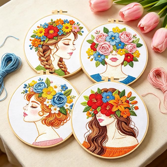 BEUNITONE 4 Set Embroidery Kits for Beginners Adult with Pre-Print Pattern | 7.9x7.9" Include Embroidery Cloth Hoops Threads for Craft Lover, Beautiful Flower Lady Pattern for Women Home Decor