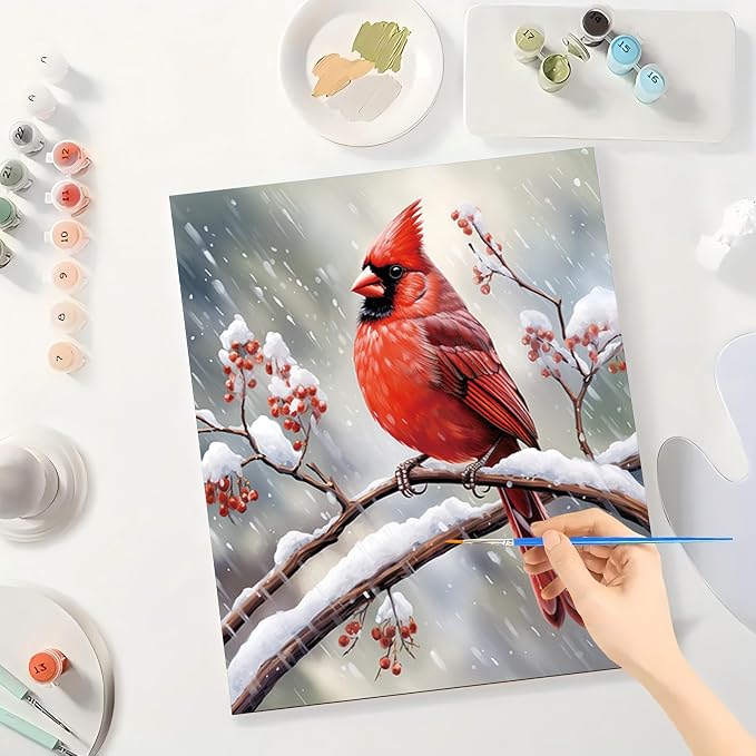Red Cardinal Paint by Numbers Kit for Adults - DIY Bird Painting on Canvas 16x20 Inches, Adults' Paint-By-Number Kits Acrylic Paint Set for Beginners, Wildlife Art Kit for Home Decoration or Gifts