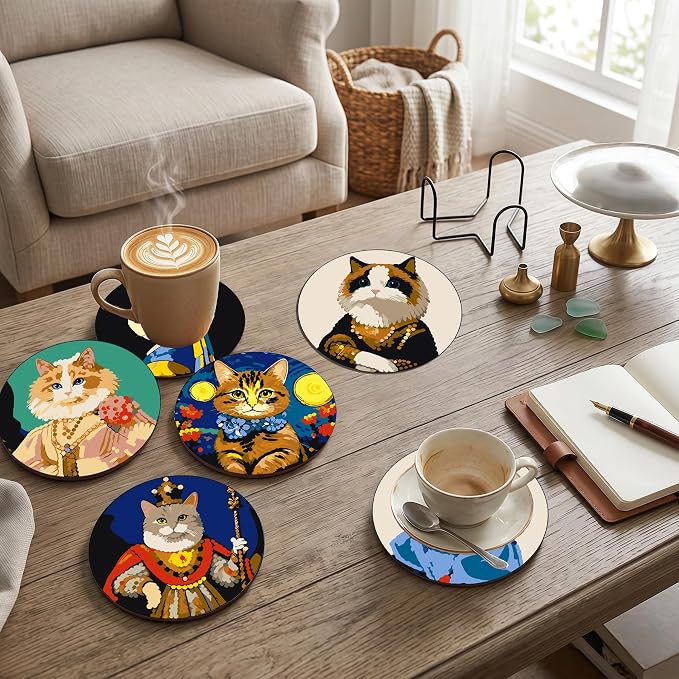 DPARTGMJT 8 Pack Cats Paint by Numbers Kits Coasters with Holder Cork Pads | Cat Paint by Number Kit for Adults Simple Round Oil Painting Coaster for Small DIY Craft Holiday Birthday Gift 3.9x3.9in