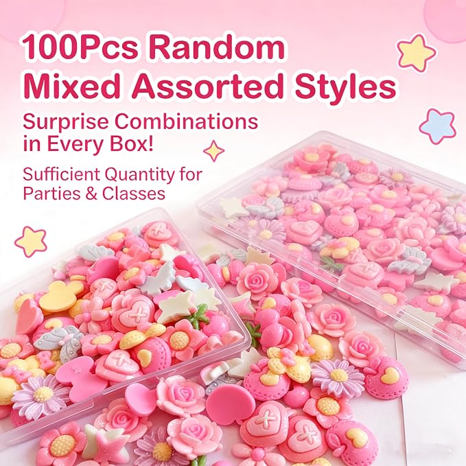 100Pcs Shimmery Pink Solid Resin Charms for Slime - Flatback DIY Cream Glue Accessories, Kawaii Embellishments for Phone Case Decor, Scrapbooking, Jewelry Making, Hair Clips - Random Mixed Styles