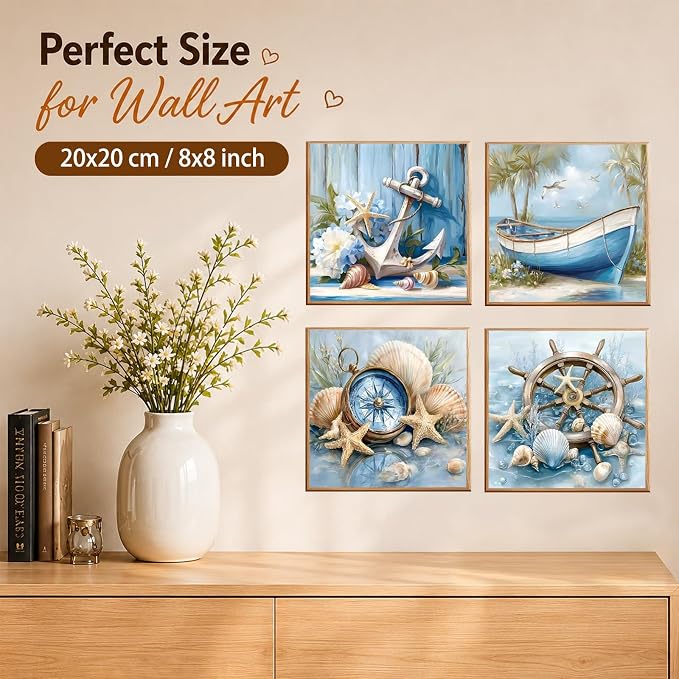 AUKELHJ 4 Pack Framed Paint by Numbers Kit for Adults, Beach, 8x8 inch