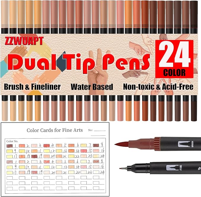 Skin Tone Double Tip Brush Pens Art Markers,24 Colored Artist Fine Brush Pen Coloring Markers for Adult Drawing Art Craft Kit