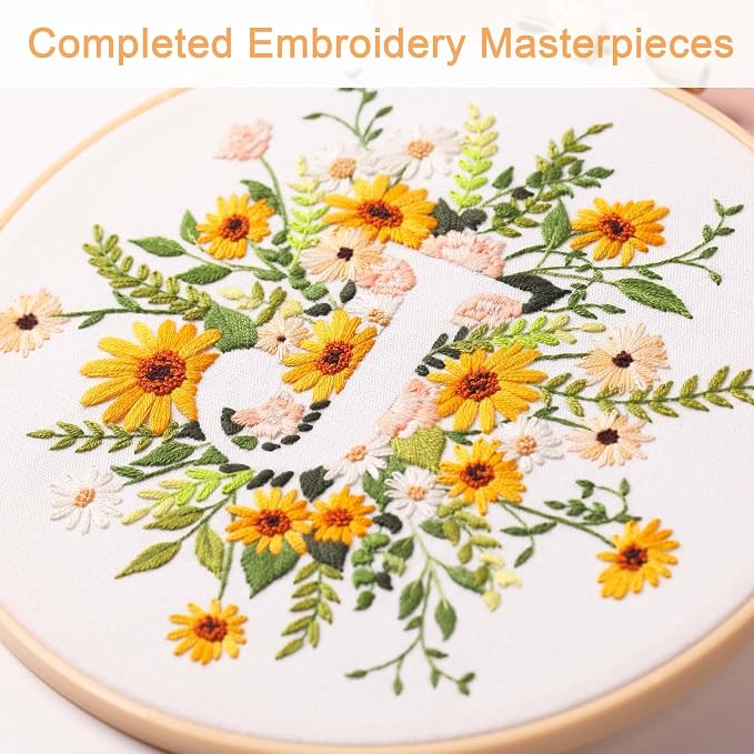 Harimau Letter J Pattern Embroidery Kit for Adult Beginners, Complete Starter Pack with 1 Hoop, Needles, Instruction Guide & Embroidery Stitch Video Tutorials