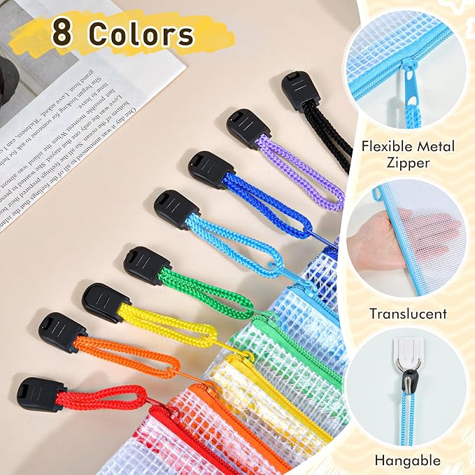 24pcs Mesh Zipper Pouch Bags, A4 Letter Size 8 Colors Zipper Bags for Classroom Organizing, Clear Pouches with Zipper, Waterproof Mesh Bags for Office School Supplies, Home Organize, Travel Storage