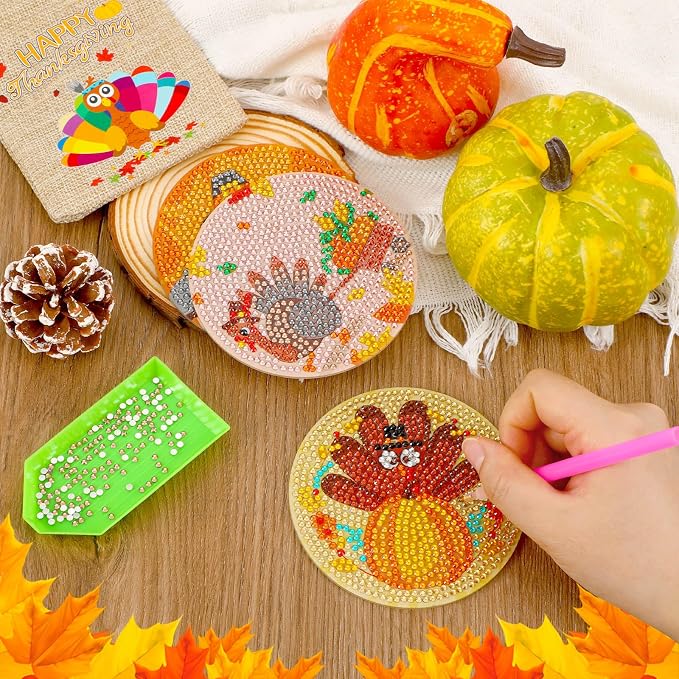 UPINS 8Pcs Fall Diamond Art Coasters with Holder | Thanksgiving Diamond Turkey Art Coasters Kits, for Adults Kids Beginners Diamond Craft Supplies