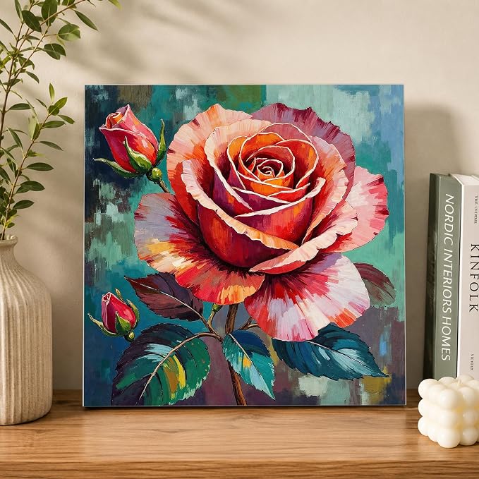 AUKELHJ Framed Paint by Numbers Kit for Adults, Rose, 10x10 inch
