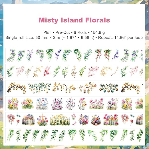 Misty Island Florals PET Pre-Cut Floral Tape Set - 6 Rolls Clear Flower Sticker Strips + 1 Clip for Scrapbook Journals Junk Journal Coastal Cottage DIY Décor