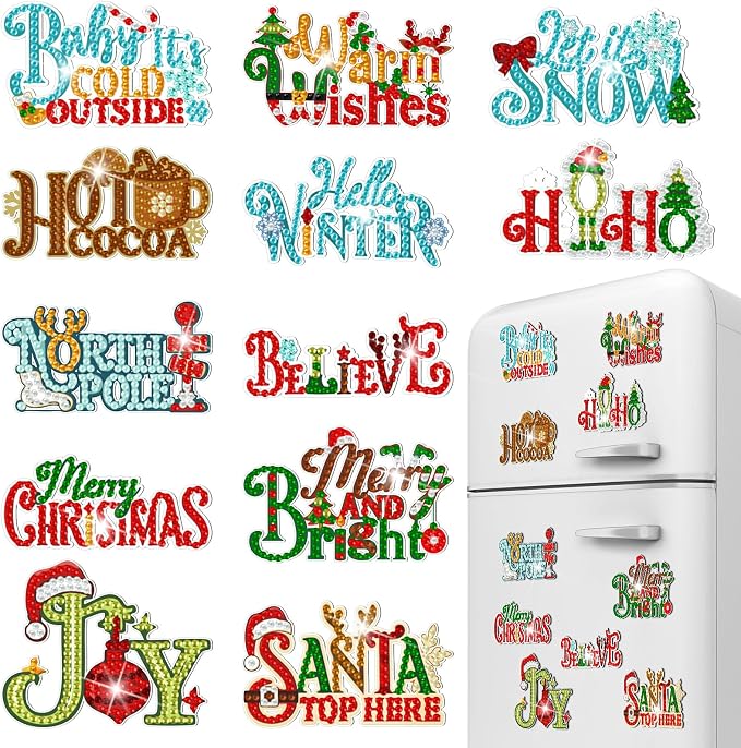 Zonon 12 Pcs Christmas Diamond Art Magnet Kits for Fridge | Xmas Diamond Painting Magnets for Refrigerator, Durable PVC, Includes Tools & Diamonds, for Lockers Cars DIY Home Decor