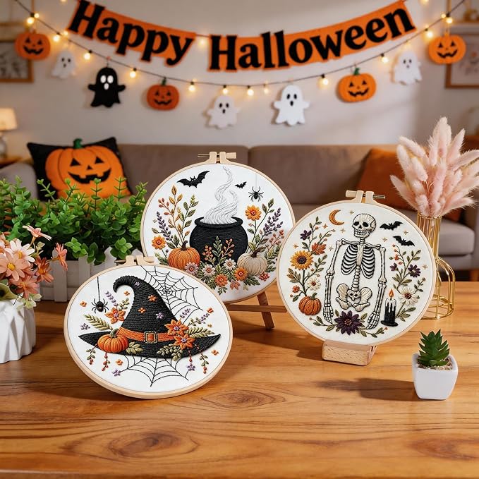 Embroidery Kit, 4 Pack Cross Stitch Kits,DIY Embroidery Starter Kit for Adults & Beginners, DIY Needlepoint Kit with Embroidery Hoop Thread Needle for Craft Lover Birthday Gifts (Halloween-4 Set2)