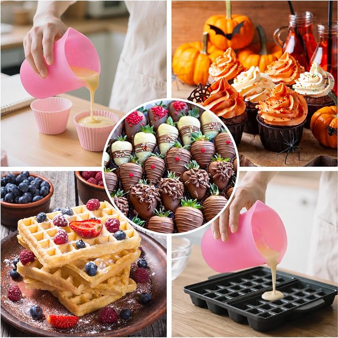 Palksky Silicone Cups for Melting Chocolate, 4PCS Pink Silicone Measuring Cups with 1 Cup & 1.5 Cup Capacity, Reusable Baking Supplies for DIY Chocolate Molds, Melting Chocolate