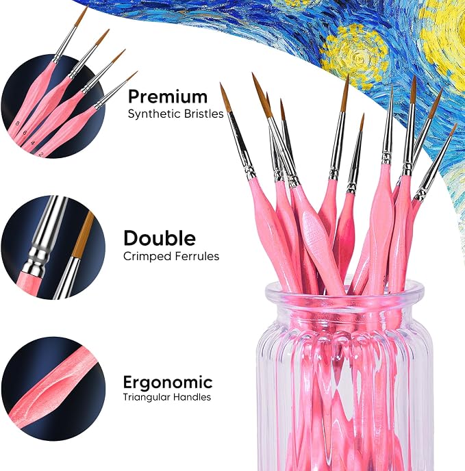 10Pcs Miniature Detail Paint Brushes Triangular Wood Handle Set | Tiny tips for acrylic, oil & watercolor, for paint-by-number, models, figurines, face paint, crafts & adult drawing, Pink