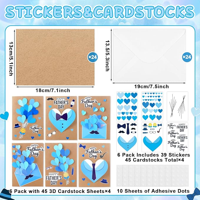 Yomjress 24 Sets Father's Day DIY Card Making Kit 3D Heart Tie Trophy Greeting Cards with Envelope Stickers Fathers Day DIY Card Crafts for Gifts Exchange Best Dad Daddy Papa Party Favors