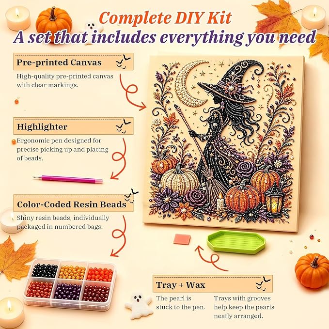 Irsnianianfa Halloween Pearl Art Kit for Adults,Diamond Art Painting Crafts Kit,Spooky Cute Witch & Pumpkin Canvas Art,DIY Fall Home Decor & Wall Art (A-01)