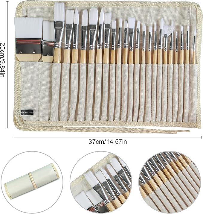 Paint Brushes Set of 24 Pieces with Canvas Brush Case | Wooden Handles, 24 Different Types of Brushes, Nylon Hair, Professional, Oil, Acrylic and Watercolor Painting