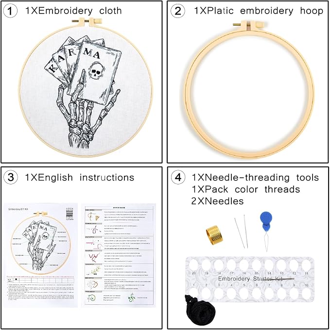 Gothic Tarot Embroidery Kits for Beginners Adults, Halloween Hand Bone Embroidery Starter Kits, Skull Cross Stitch Kits for Beginner Adults Hobbies for Women, Embroidery Fabric, Hoops & Video Tutorial