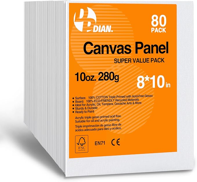 Canvas Boards for Painting 8x10 Inch, 80-Pack Bulk Canvas Value Pack - Art Supplies Blank Paint Canvas Panels for Acrylic, Oil, Watercolor, Tempera, Gouache