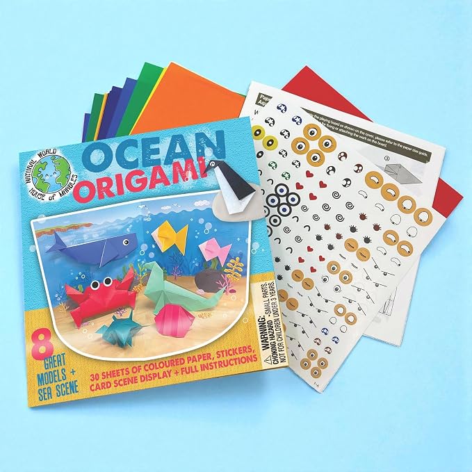 House of Marbles Ocean Origami Kit for Kids - Beginner Paper Folding Craft Set with 30 Sheets, 8 Sea Creatures, Stickers & Display Scene