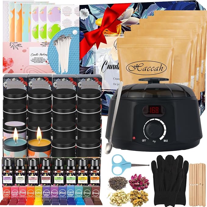 Haccah Complete Candle Making Kit with Wax Melter, Candle Making Supplies, Candle Making Kit for Adults,Beginners,Including Electric Stove,Wicks,Beeswax Wax,Rich Scents,Candle Tins,Dyes,Wick Clip