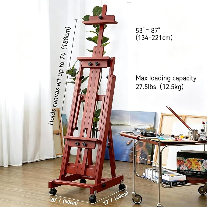 PHOENIX Versatile Studio H-Frame Easel - Solid Beech Wood with Locking Casters, Adjustable Angle & Height, Heavy Duty Canvas Holder with Storage Tray for Professional Artists - Dark Walnut