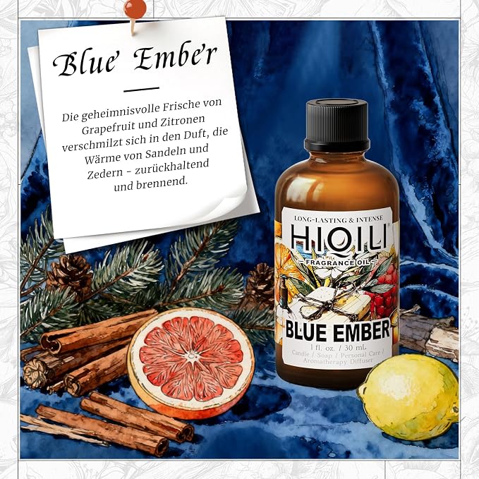 HIQILI Blue Ember Fragrance Oil for DIY Perfume, Body Wash & Candle Making, Long-Lasting Scents for Skin & Hair Care Products, Gifts - 1.0 Fl Oz(Pack of 1)
