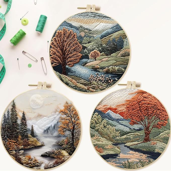 SCECALA 4 Pack Fall Forest Tree Embroidery Kit for Beginners