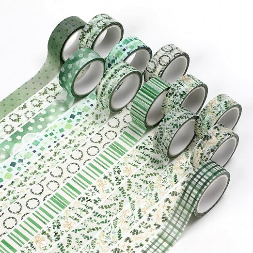 12 Roll Floral Washi Tape Set Flower Decorative Masking Tape for Scrapbook | Green Eucalyptus Leaves Washi Tape Set for Back to School Arts DIY Craft Scrapbook Journal Supplies Gifts