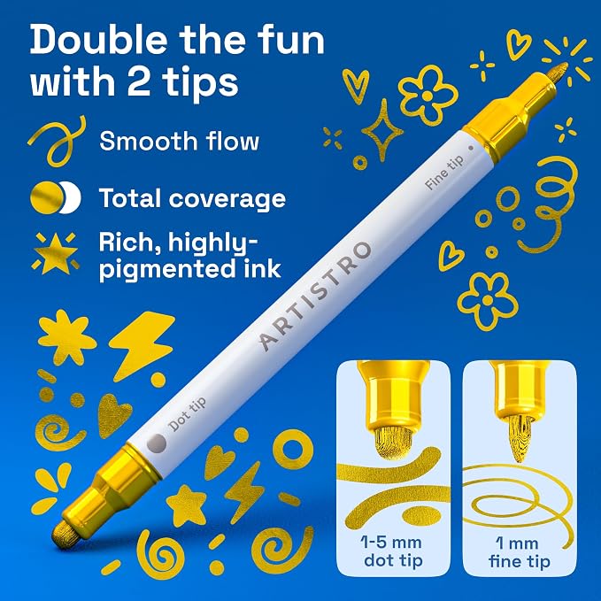 ARTISTRO Gold Dual-Tip Acrylic Paint Marker Pens - Set of 36 | For Fabric, Rock, Glass, Wood, & Coloring Books, Arts & Crafts Gift, Classroom Must Haves & School Supplies (Dot & Fine Tips)