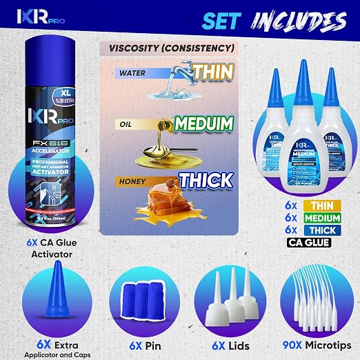 CA Glue with Activator 18x Thin Medium Thick Glue Kit 6X 16.9oz Accelerator