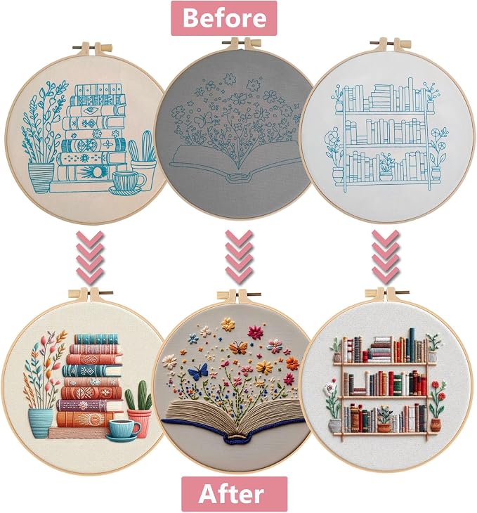 Embroidery Kit for Adults, Pre-Stamped Pattern Embroidery Kit for Beginners, Needlepoint Starter Kit with Hoop Thread Needle Instruction, 7.9'' Hoop (Book Lover 3 Packs)