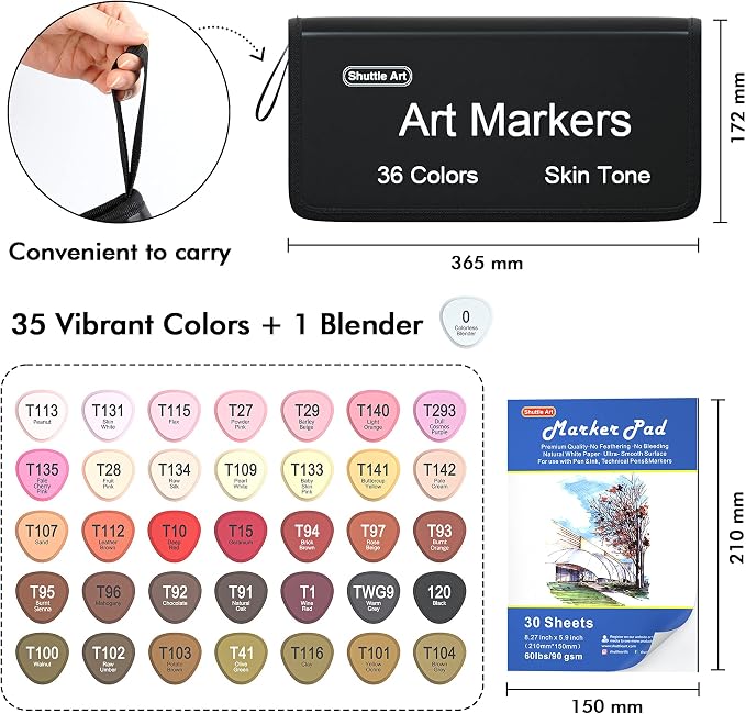 Shuttle Art Alcohol Markers, Skin Hair Tone, 36 Colors for Manga Portrait