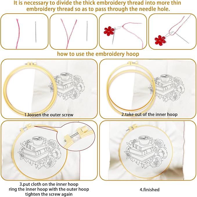 BEUNITONE 4 Set Book Flower Embroidery Kit for Adult Beginners 7.9x7.9 DIY Cross Stitch Kits Needlepoint Starter Kit with Pre-Printed Design and Hoops, Stamped Embroidery Kit for Home Ofiice Decor