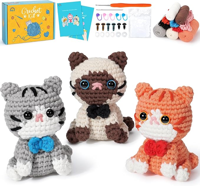 Fortuning's JDS Crochet Kit for Beginners, 3 Cat Crochet Animal Kit Starter | w/ Step-by-Step Video Tutorials, Beginner Crochet Kit for Adults, Bow-Wearing Cat Crochet Set, Crochet Gifts for Cat Lovers