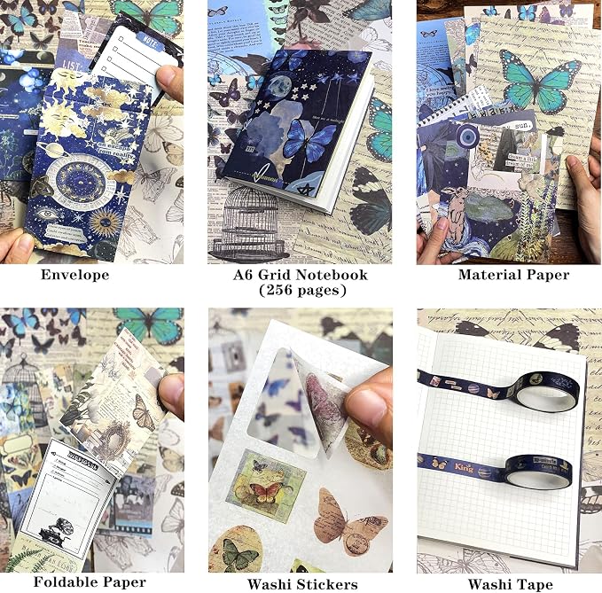 BoomTeck Vintage Aesthetic Scrapbooking Supplies, Bullet Junk Journal Kits with Scrapbook Paper, Washi Stickers, A6 Grid Notebook - DIY Craft Journaling Gift for Teen Girl Adult (Butterfly Garden)