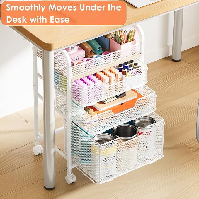 4-Tier Rolling Utility Cart with 3 Drawers-White Craft Organizers and Storage with DIY Dividers, Under Desk Cart with Lockable Wheels, Craft Cart Art Cart for Brushes Artifacts Patent Pending