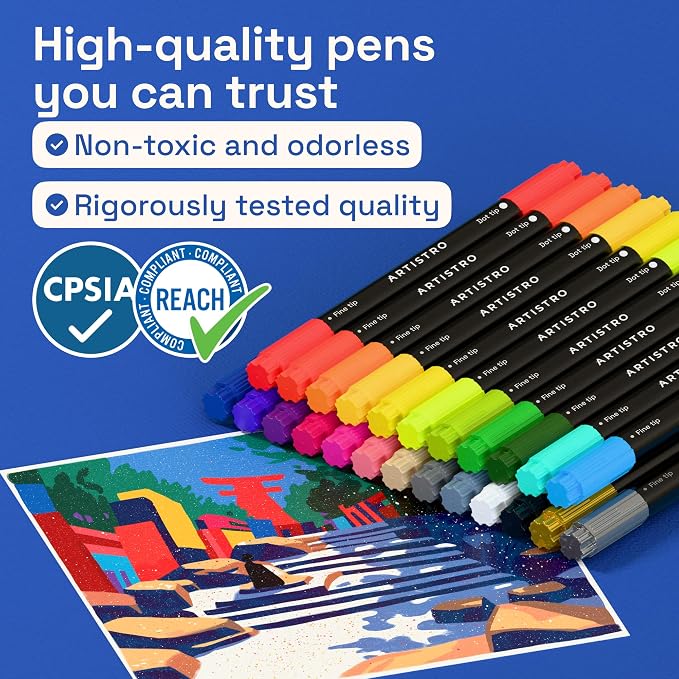 ARTISTRO Mixed Colors Dual-Tip Acrylic Paint Marker Pens - Set of 24 | For Fabric, Rock, Glass, Wood, & Coloring Books, Arts & Crafts Gift, Classroom Must Haves & School Supplies (Dot & Fine Tips)