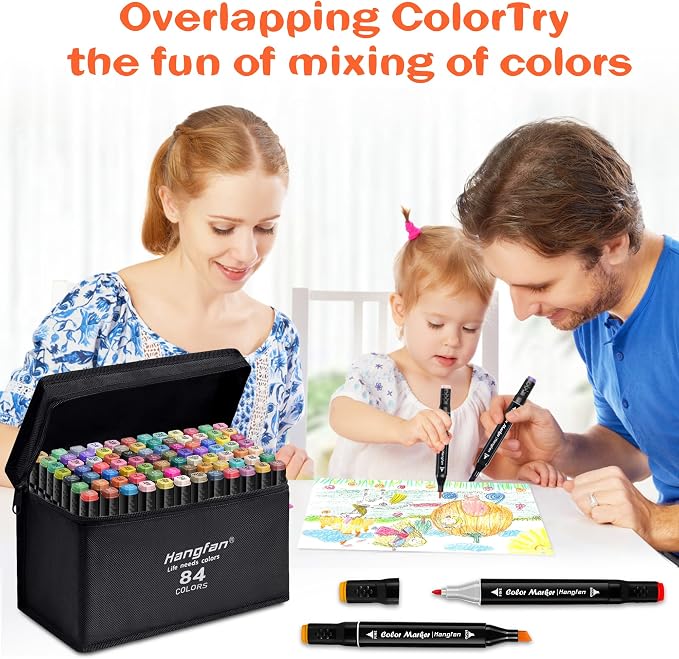 Alcohol,84 Colors Dual Tip Coloring Markers for Adults,Markers for Adults,Give 1 White Highlighter,1 Tracing Pen,Coloring Illustrations Sketch Drawing Painting Card Making(Black Pen Container)