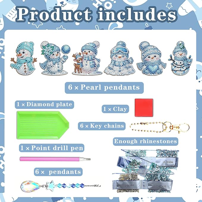 JeCuiK 6 Pcs Christmas Diamond Art Cute Snowman Diamond Art Kits for Adults Diamond Painting Wind Chimes Suncatcher Double Sided DIY Diamond Painting Kits Christmas Ornament