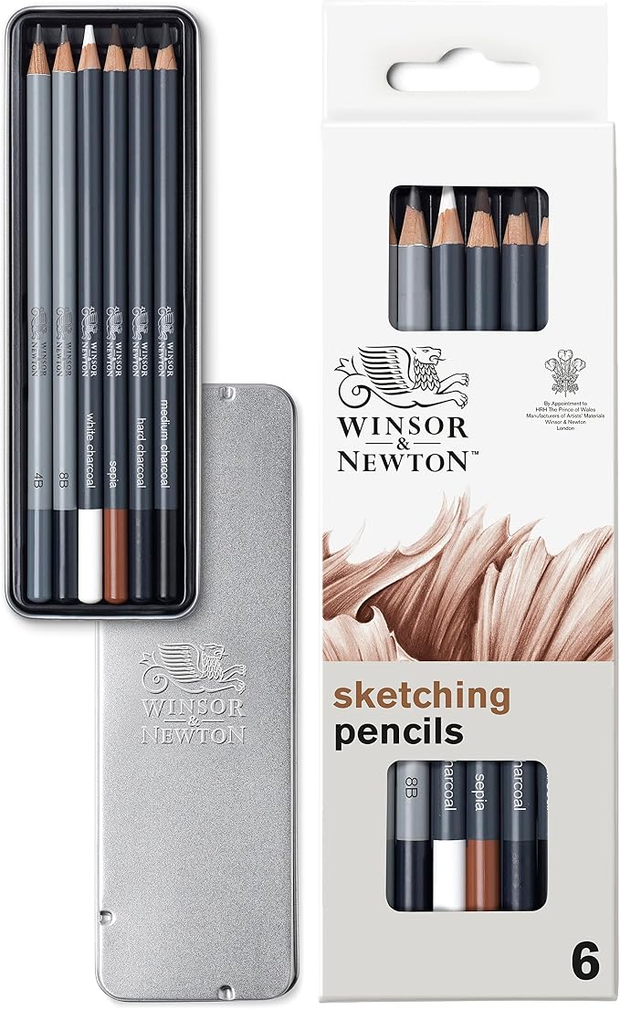 Winsor & Newton Studio Collection, Sketching Pencils, Set of 6 | Soft, Thick Core pencils, Varied Hardness, Soft Smooth Texture, Easy Blending, Stylish Metal Tin Included, High Quality Lead