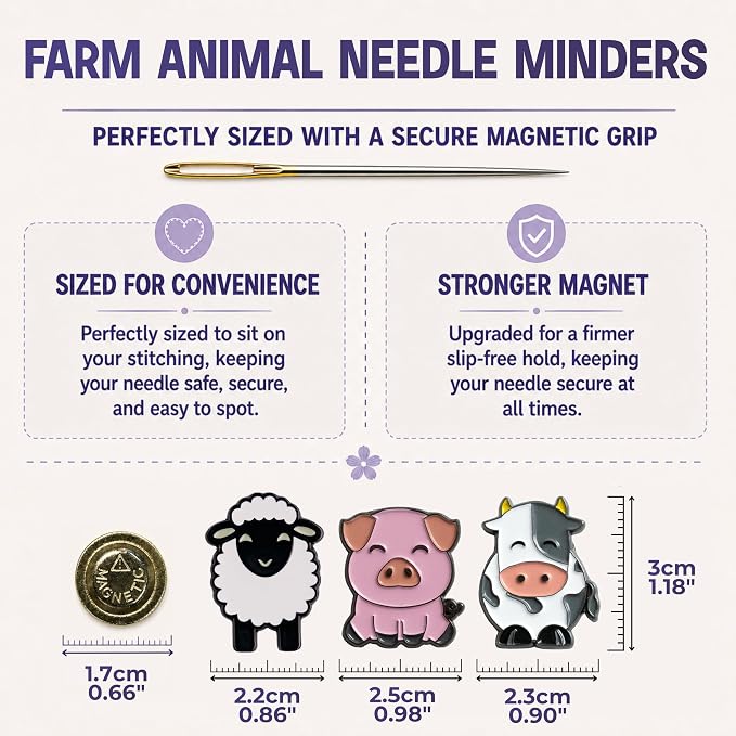 The Quilted Bear Magnetic Needle Minders, Set of 3 Farm Animals | Sheep, Cow & Pig Strong Magnet Needle Keepers for Embroidery & Cross Stitch Needles, Secure Holder for Sewing Needles & Pins